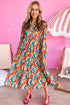 Multi-Color Abstract Geometric Print Long Sleeve High Waist Dress
